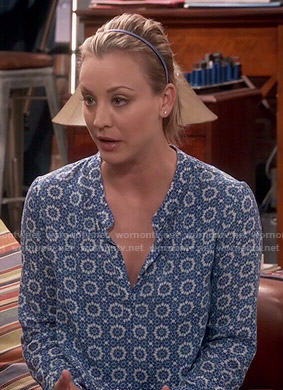 Penny's blue and white printed blouse on The Big Bang Theory