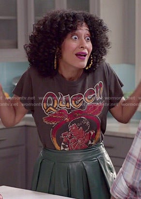 Rainbow’s Queen tee and green leather midi skirt on Black-ish