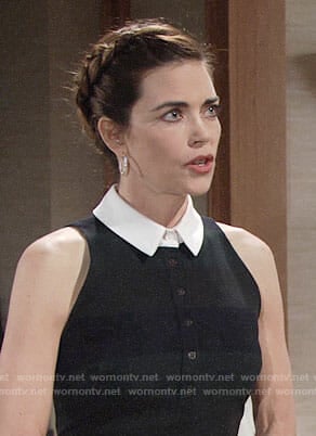 Victoria’s dark striped dress with white collar on The Young and the Restless