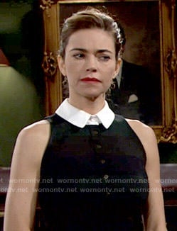 Victoria’s dark striped dress with white collar on The Young and the Restless
