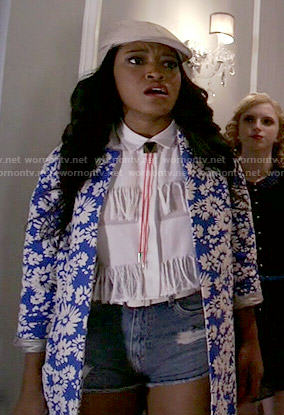 Zayday's blue floral coat and white fringed top on Scream Queens