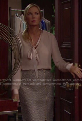 Brooke’s pink bow-neck blouse and tweed zip-front skirt on The Bold and the Beautiful