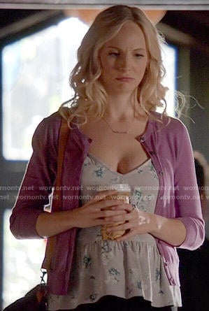 Caroline’s grey floral peplum top and purple cardigan on The Vampire Diaries