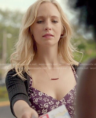Caroline’s purple floral dress on The Vampire Diaries