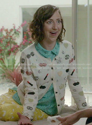 Carol's embellished cardigan and green collared lace top on Last Man on Earth