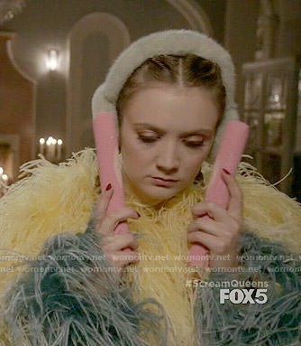 Chanel 3's blue and yellow feather jacket on Scream Queens