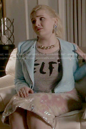 Chanel 5’s striped ‘celfie’ tee and blue moto jacket on Scream Queens