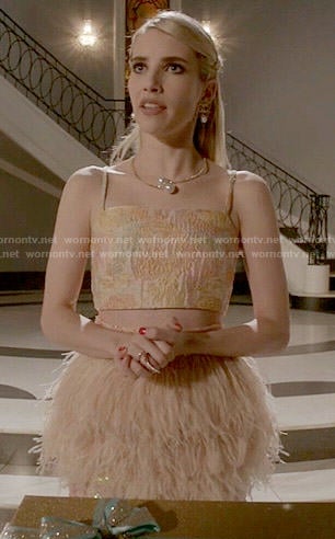 Chanel's coral feather skirt and crop top on Scream Queens