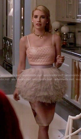 Chanel’s pink heart quilted crop top and feather peplum skirt on Scream Queens