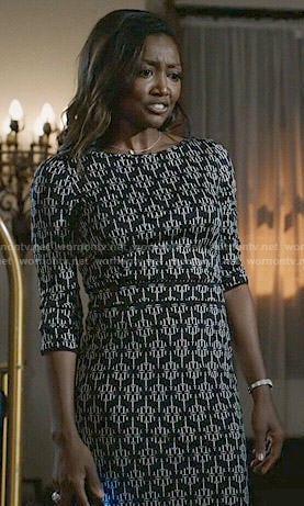 Daisy's black geometric printed dress on Madam Secretary