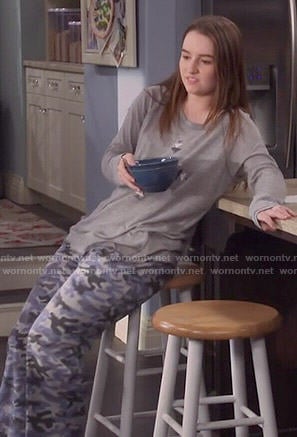 Eve’s blue and grey camouflage print pajamas on Last Man Standing