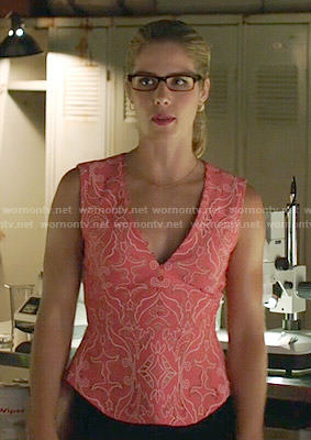 Felicity’s pink embroidered peplum top on Arrow