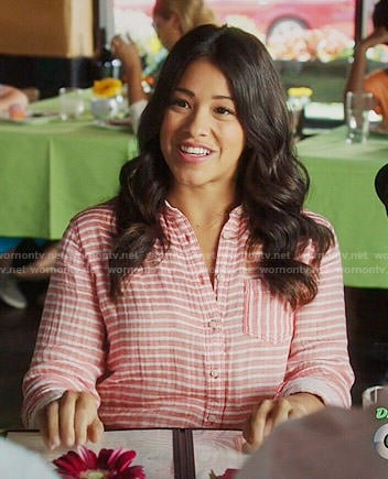 Jane's coral striped button front shirt on Jane the Virgin