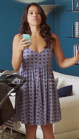 Jane’s purple tile printed slip dress on Jane the Virgin