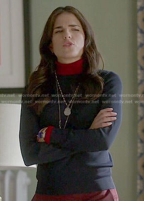 Laurel's navy and red layered turtleneck sweater on How to Get Away with Murder