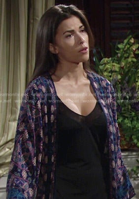 Marisa’s blue and purple printed kimono on The Young and the Restless