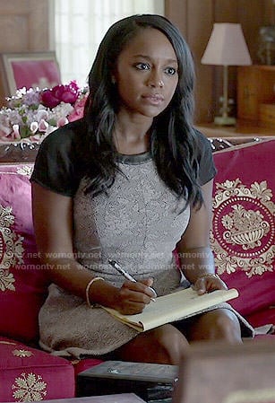 Michaela’s grey dress with leather trim on How to Get Away with Murder