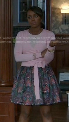 Michaela's pink wrap sweater and printed skirt on How to Get Away with Murder