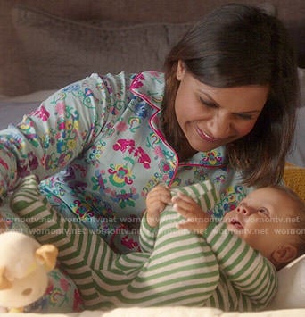 Mindy's blue flower and bird print pajamas on The Mindy Project