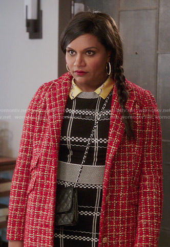 Mindy’s black and white checked crop top and skirt and red tweed coat on The Mindy Project