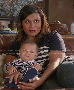 Mindy's navy striped front tee on The Mindy Project