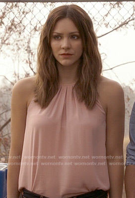 Paige’s blush pink pleated neck top on Scorpion