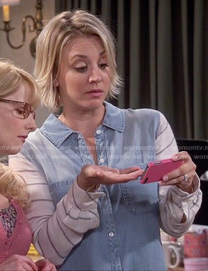 Penny's denim shirt with striped sleeves and back on The Big Bang Theory