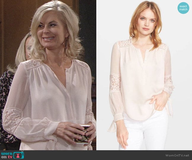 Rebecca Taylor Silk and Lace Blouse in Malt Ball worn by Ashley Abbott (Eileen Davidson) on The Young and the Restless