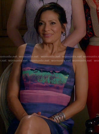 Regina’s purple painted print dress on Switched at Birth