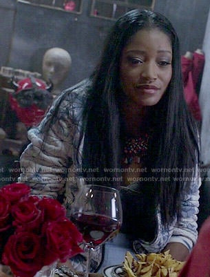 Zayday’s blue tie dyed bomber jacket on Scream Queens