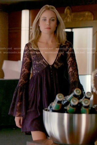 Camille’s dark purple lace bell-sleeve dress on The Originals
