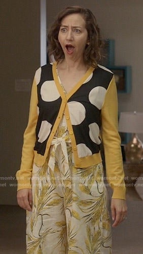 Carol’s yellow polka dot cardigan and printed jumpsuit on Last Man on Earth