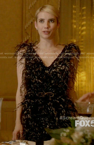 Chanel's black feather Thanksgiving dress on Scream Queens