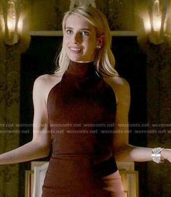 Chanel’s burgundy mock-neck dress dress on Scream Queens