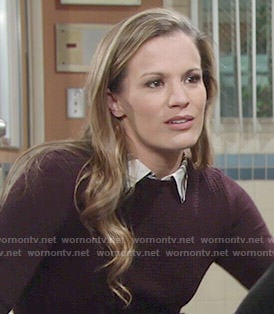 Chelsea's burgundy sweater and plaid shirt combo on The Young and the Restless