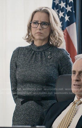 Elizabeth's grey mock-neck dress on Madam Secretary