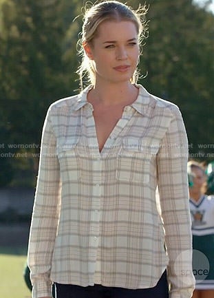 Eve's cream plaid shirt on The Librarians