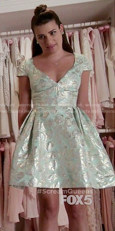 Hester’s mint metallic v-neck dress on Scream Queens