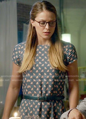 Kara’s teal printed Thanksgiving dress on Supergirl