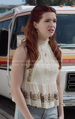Karma's cream lace high-neck top on Faking It