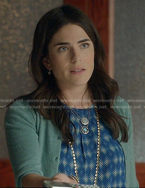 Laurel's blue diamond print top and green cardigan on How to Get Away with Murder