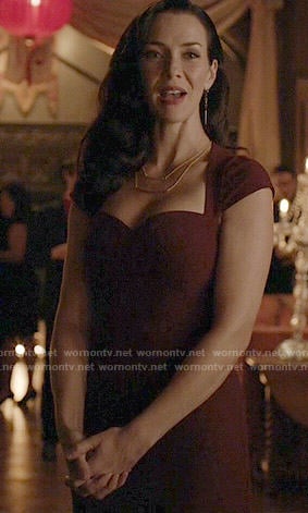 Lily's burgundy cap-sleeve dress on The Vampire Diaries