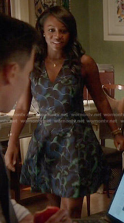 Michaela’s blue and green printed v-neck dress on How to Get Away with Murder