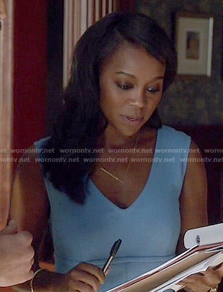 Michaela’s blue v-neck dress with front pockets on How to Get Away with Murder