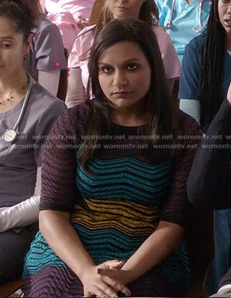 Mindy's purple, yellow and blue zig zag dress on The Mindy Project