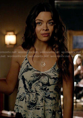 Nora’s blue marbled print cami on The Vampire Diaries