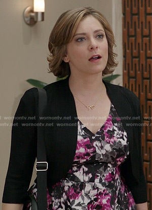 Rebecca's pink and black floral v-neck dress on Crazy Ex-Girlfriend