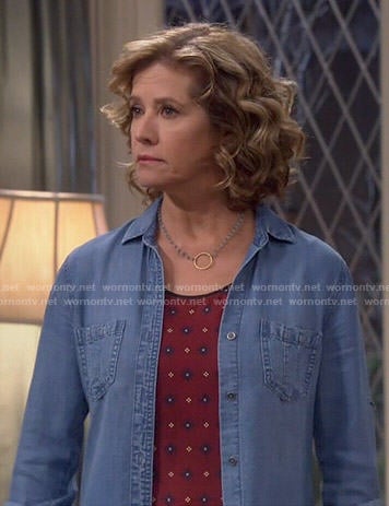 Vanessa’s red printed top and chambray shirt on Last Man Standing