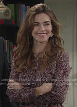 Victoria’s purple printed lace-up blouse on The Young and the Restless