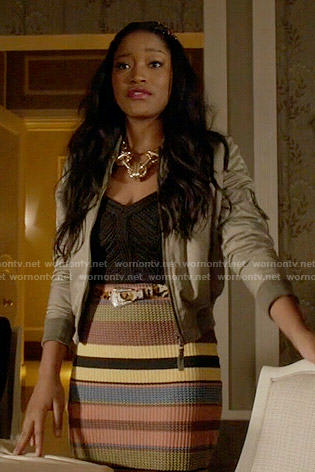 Zayday’s multi-colored striped skirt and green bomber jacket on Scream Queens
